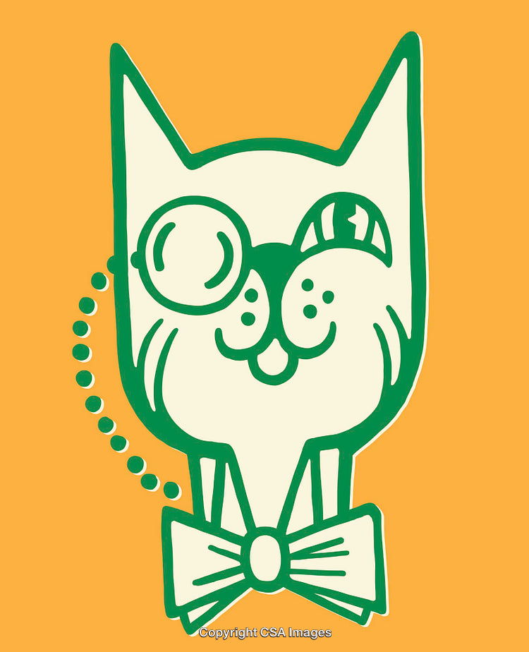 Whimsical Green Cat Illustration with Monocle and Bowtie on Orange Background