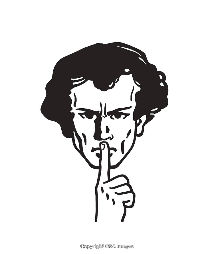 Black and White Illustration of a Person Gesturing Silence