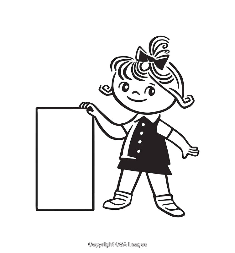 Black and White Line Art of Cheerful Girl With Blank Rectangular Sign