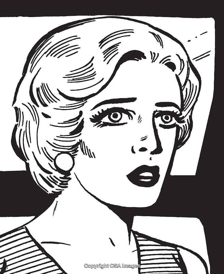 Retro Black-and-White Illustration of a Surprised Woman With Expressive Eyes