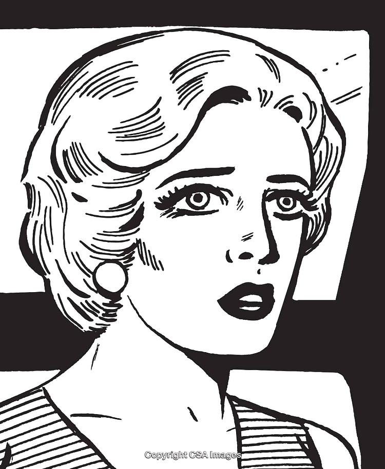 Retro Black-and-White Illustration of a Surprised Woman With Expressive Eyes