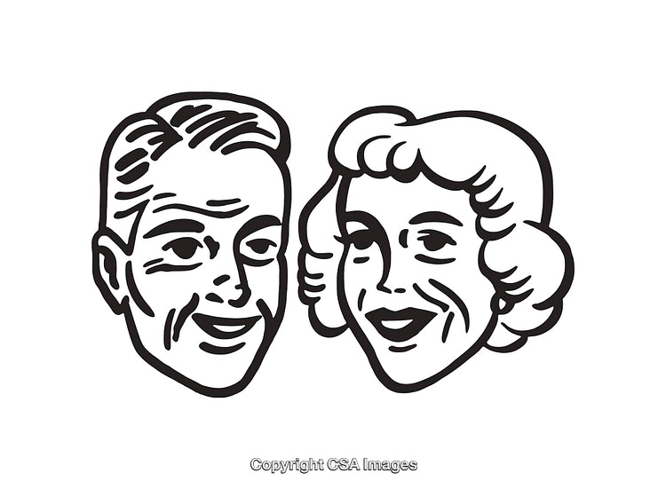 Retro Style Smiling Man and Woman Line Art Illustration in Black and White