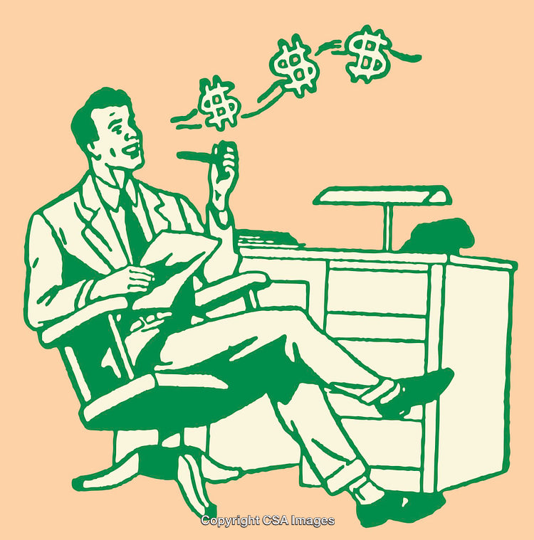 Businessman Relaxing at Desk with Money Symbols in Retro Style Art