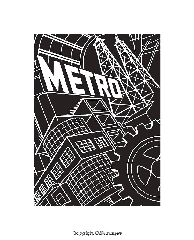 Black and White Line Art Depicting Urban Industrial Elements and Structures