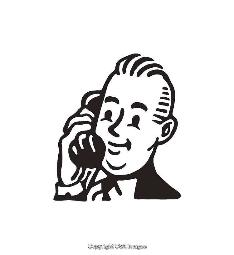 Vintage Black and White Illustration of Man Talking on Telephone