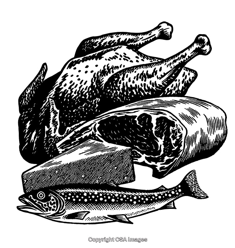 Engraved Illustration of Meat, Cheese, and Fish in Black and White Art Style
