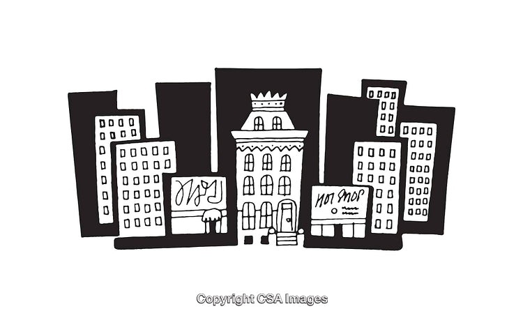 Black and White Line Art Illustration of Urban Buildings