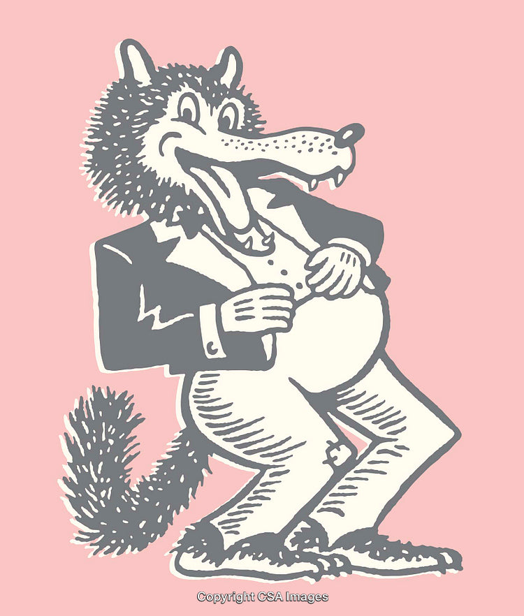 Whimsical Wolf Cartoon Character in Suit Standing Against Pink Background