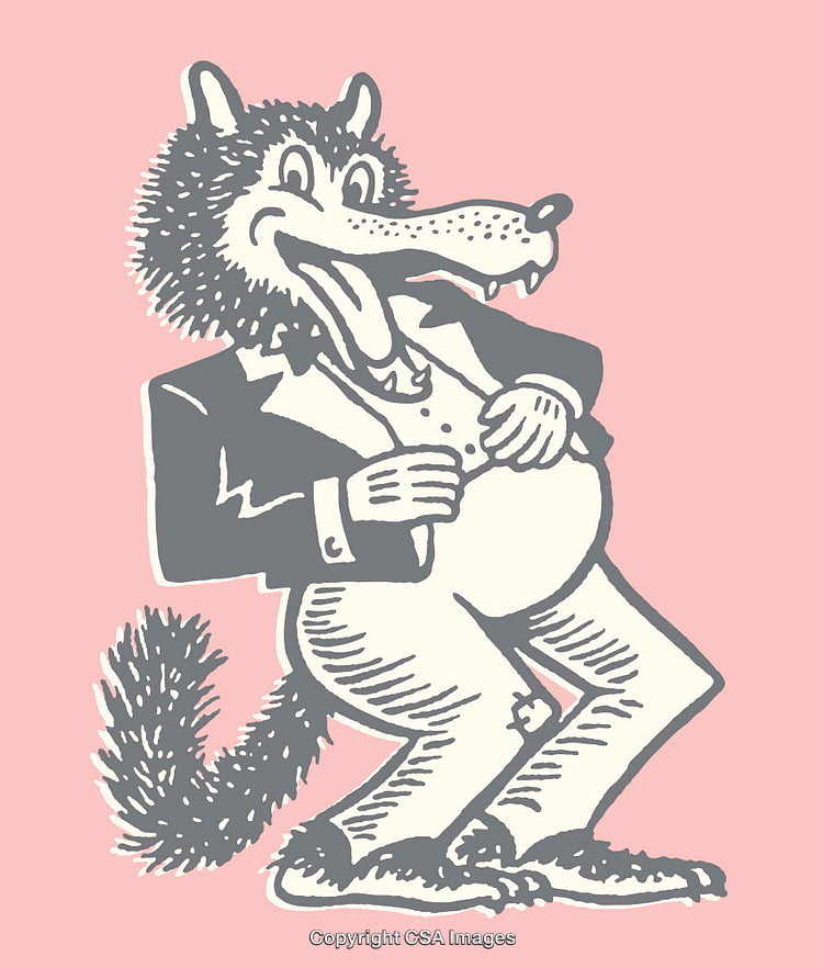 Whimsical Wolf Cartoon Character in Suit Standing Against Pink Background