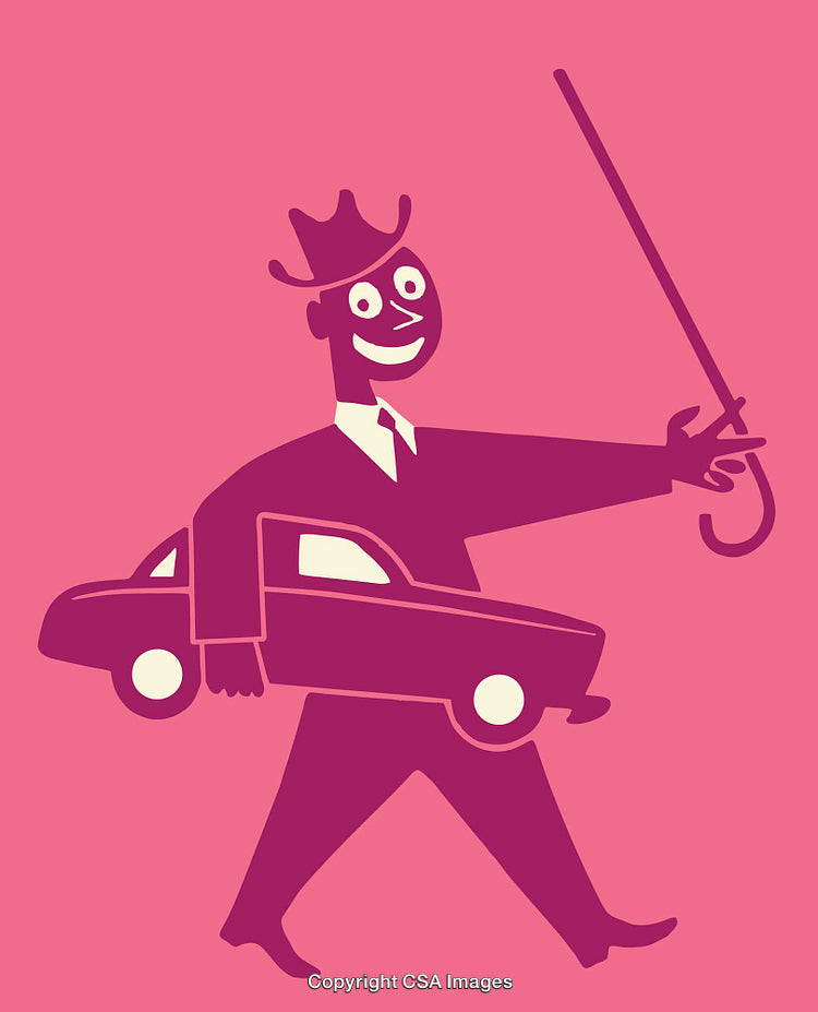 Cartoon Character Carrying a Car and Cane in Playful Style
