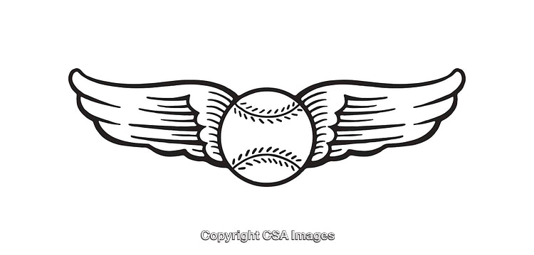 Winged Baseball Line Art Illustration in Black and White Design