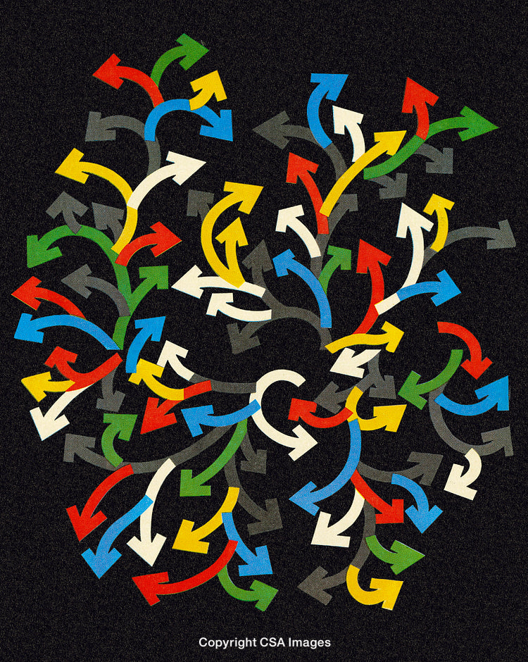 Colorful Arrows on Black Background Representing Decisions and Directions