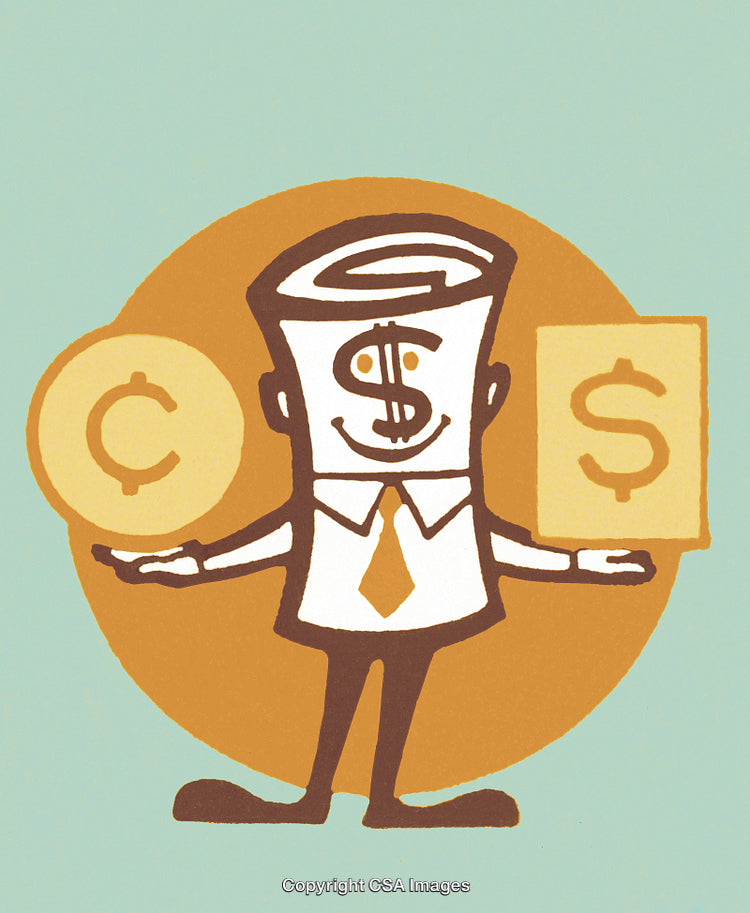 Cartoon Character Representing Financial Balance with Symbolic Money Elements