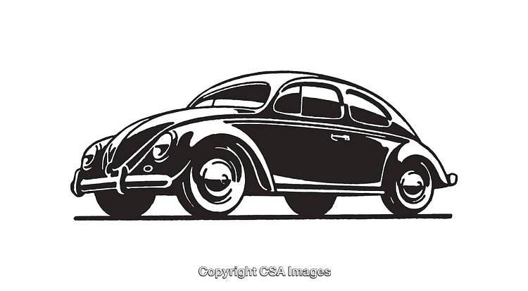 Vintage Black-and-White Line Art Illustration of a Classic Compact Car