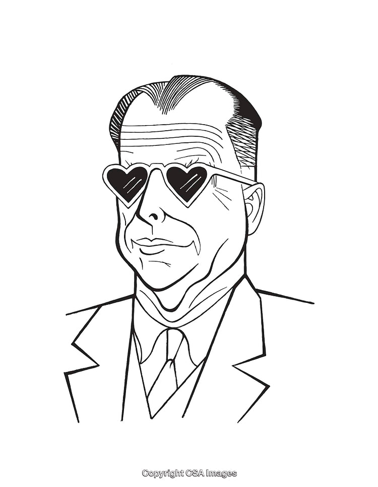 Black and White Line Art of Man Wearing Heart-Shaped Sunglasses