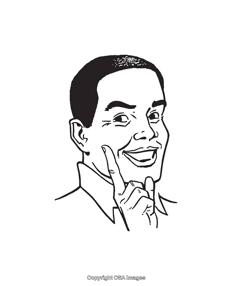 Black and White Line Illustration of a Cheerful Thinking Man