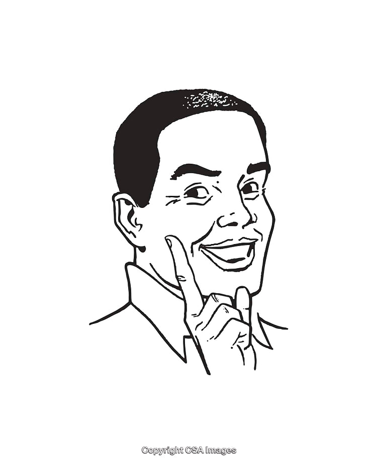 Black and White Line Illustration of a Cheerful Thinking Man