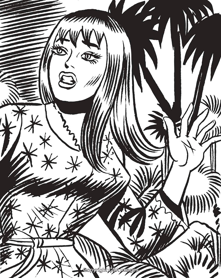 Black and White Illustration of a Surprised Woman in a Tropical Forest