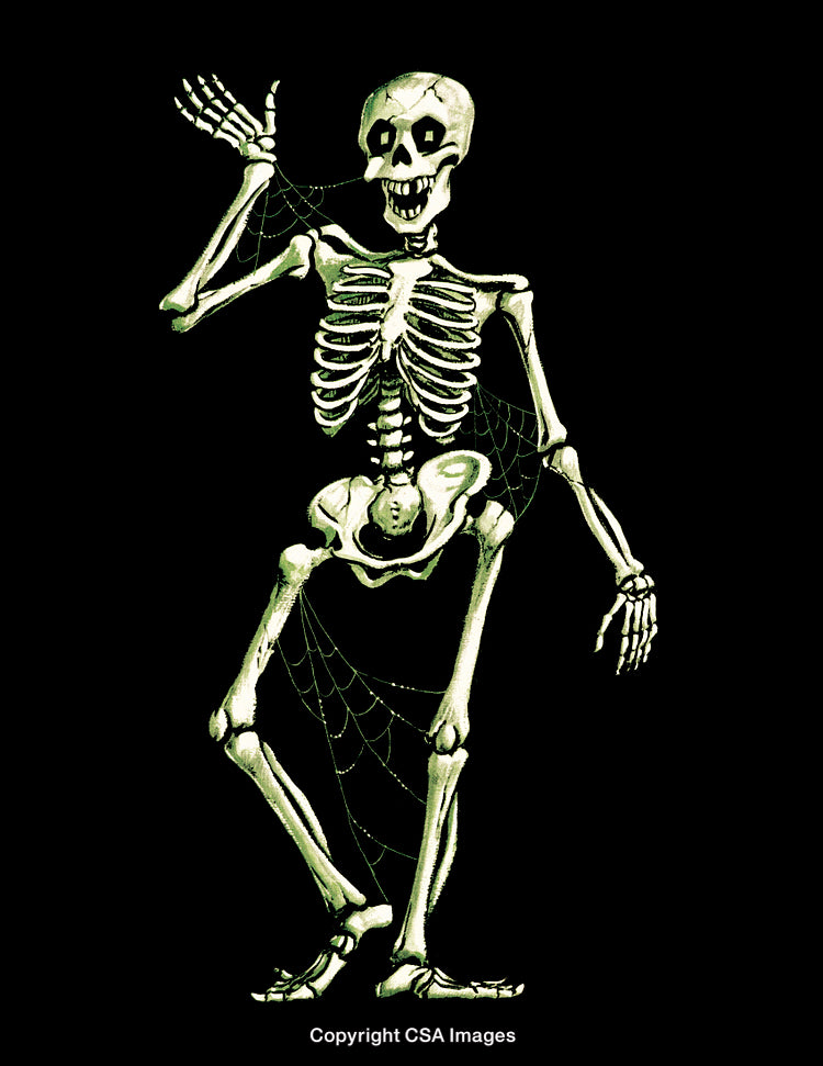 Dancing Skeleton Illustration with Cobweb Details on a Black Background