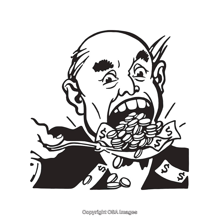 Black and White Illustration of Wealthy Individual Eating Dollar Bills and Coins