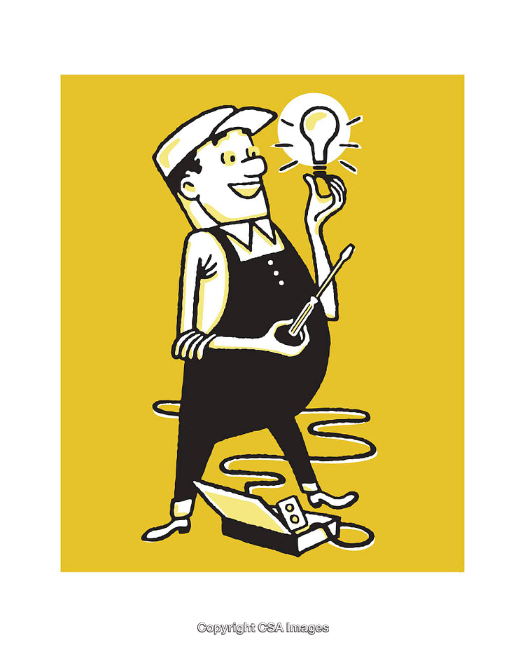 Retro Illustration of a Professional Electrician Holding a Glowing Light Bulb