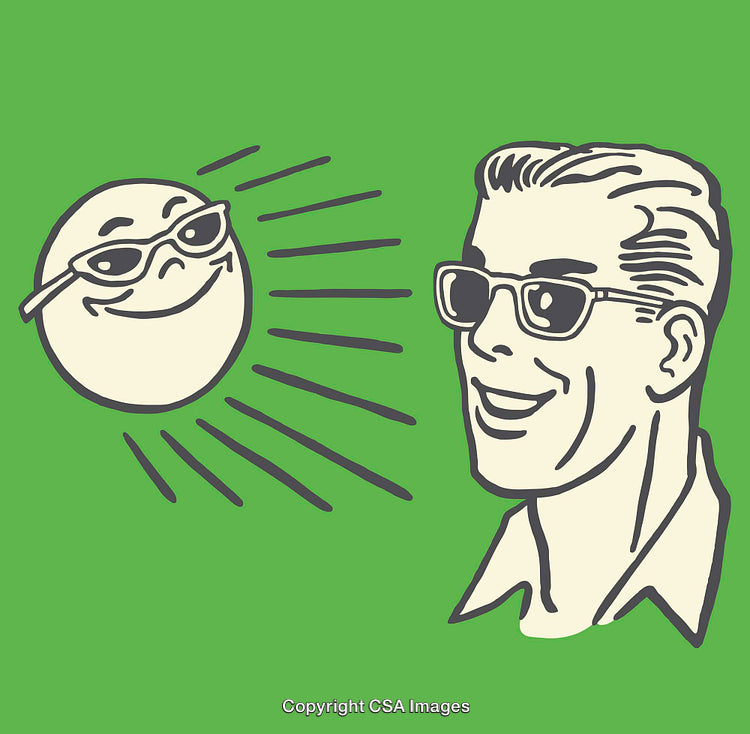 Retro Style Illustration of Smiling Man and Sunglasses-Wearing Sun on Green Background