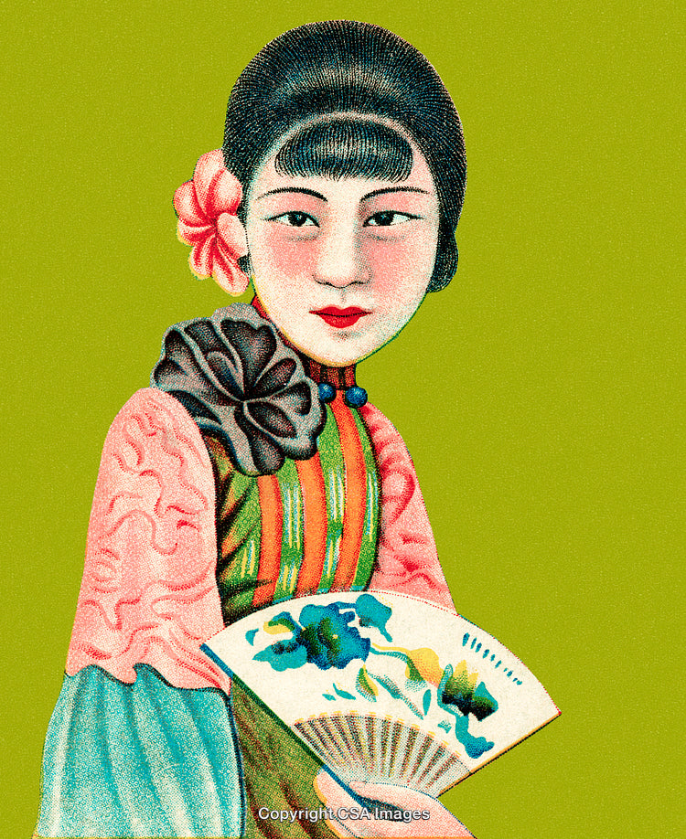Vintage Illustration of Woman Holding a Decorative Floral Fan
