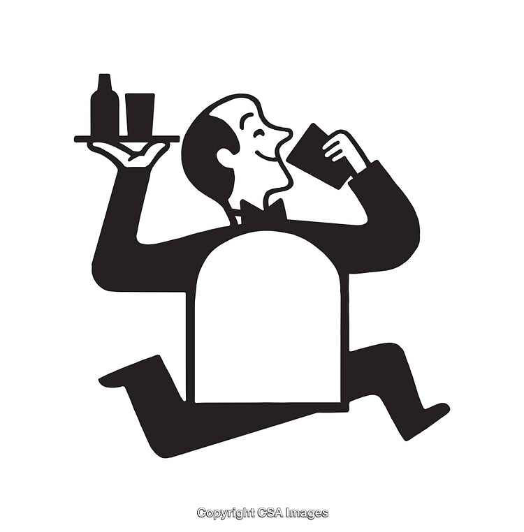 Vintage Styled Black and White Illustration of a Waiter in Motion
