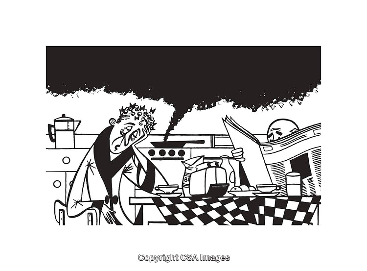 Black and White Illustration of Morning Routine in a Kitchen Scene