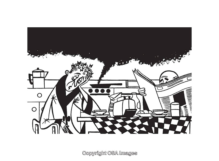 Black and White Illustration of Morning Routine in a Kitchen Scene