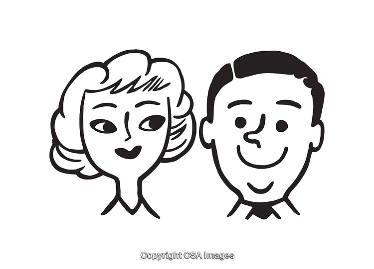 Black and White Line Art Illustrations of a Smiling Man and Woman