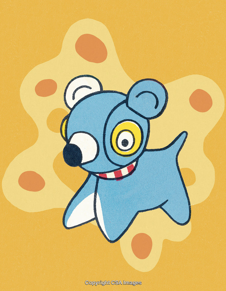 Colorful Illustration of a Playful Cartoon Blue Dog on Yellow Background