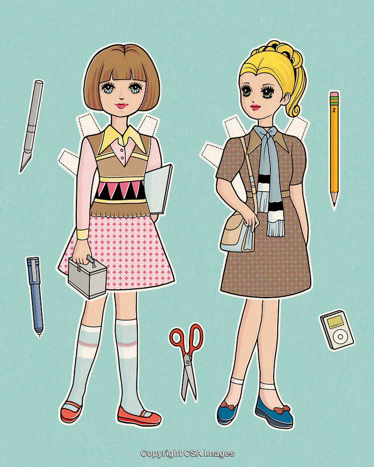 Retro Paper Doll Schoolgirls with Accessories on a Blue Background