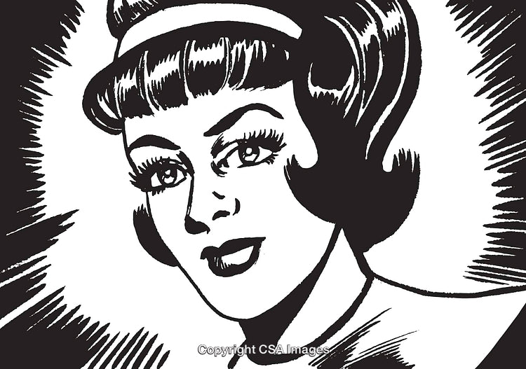 Retro Style Black and White Comic Portrait of a Woman with Bold Hair