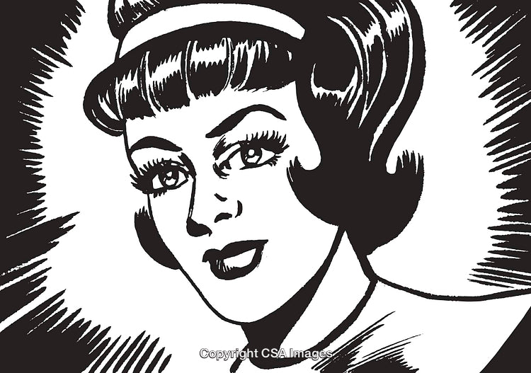 Retro Style Black and White Comic Portrait of a Woman with Bold Hair