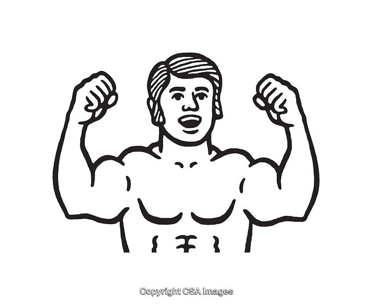 Black and White Line Art of a Muscular Person Flexing Arms