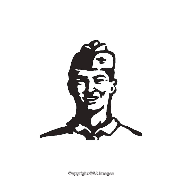 Black and White Line Art of a Smiling Medic in a Uniform