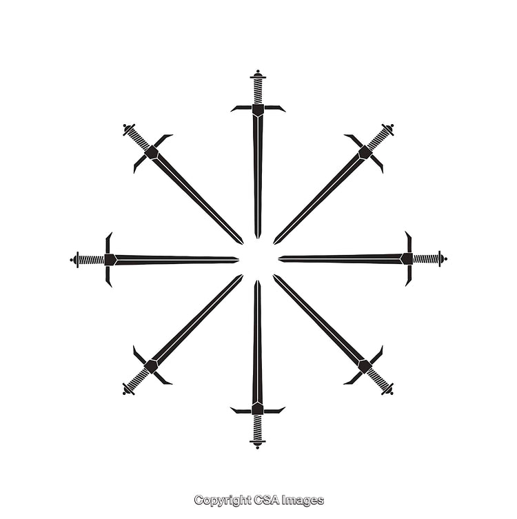 Black and White Circular Arrangement of Swords in an Intricate Design