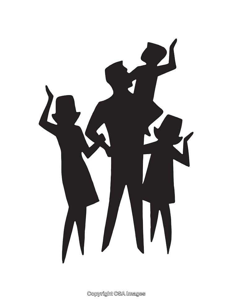 Silhouette of a Happy Family with Raised Hands and Joyful Gestures