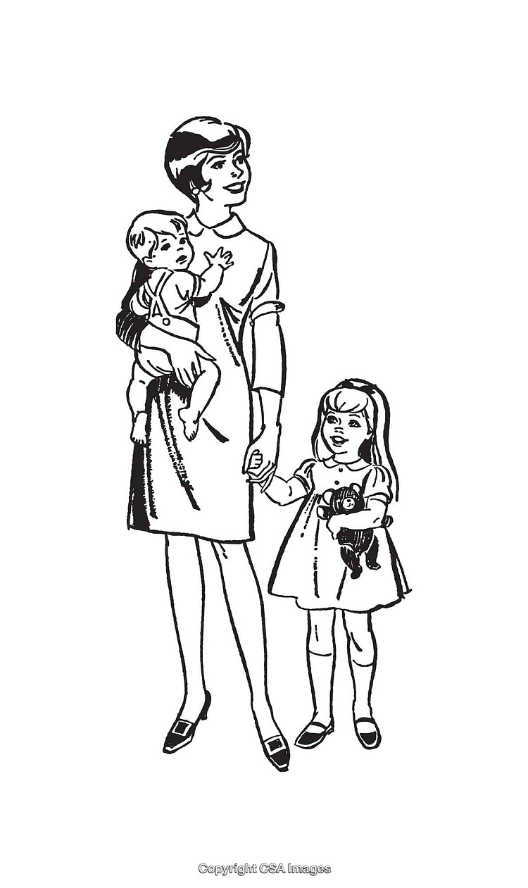 Black and White Line Drawing of a Mother Holding Two Young Children