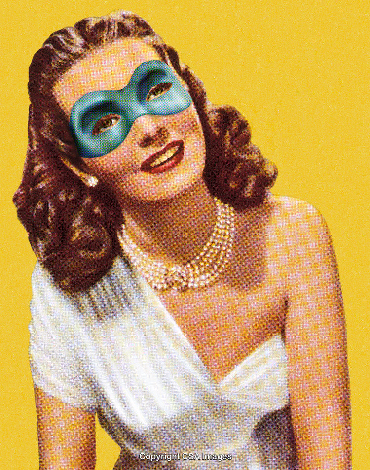 Vintage Retro Portrait of a Woman with a Decorative Blue Mask and Pearls