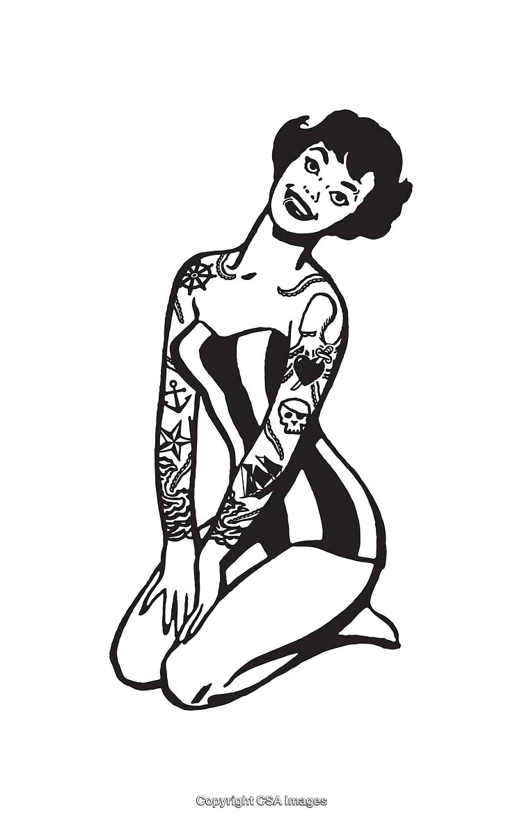 Black and White Pin-Up Style Line Art with Tattoo Design