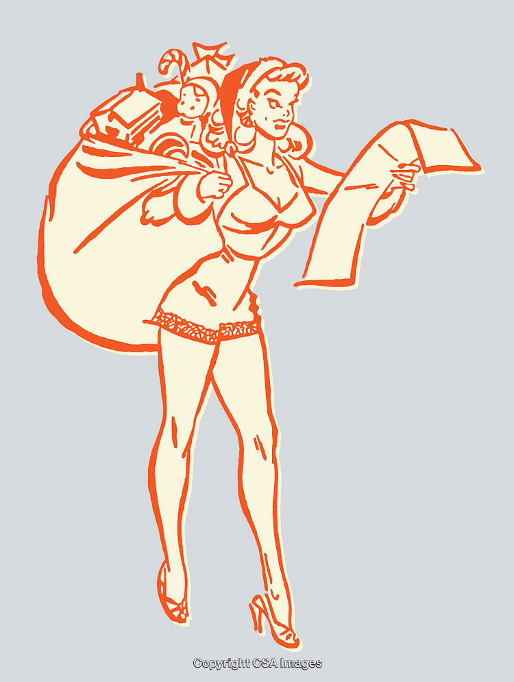Vintage Pin-Up Style Santa Illustration Holding Gift Bag and Checklist