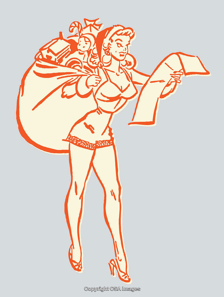 Vintage Pin-Up Style Santa Illustration Holding Gift Bag and Checklist