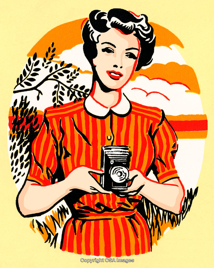 Retro Style Illustration of a Woman Holding a Vintage Camera Outdoors