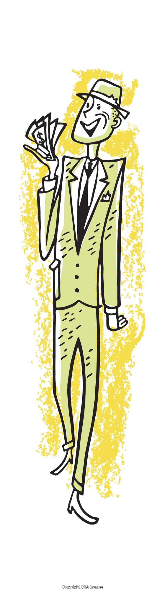 Colorful Illustration of a Smiling Businessman Holding Money in Stylish Attire