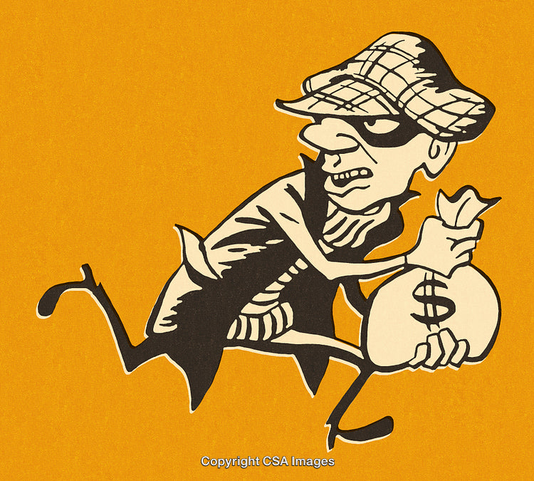 Illustration of Cartoon Thief Running with Money Bag Symbol