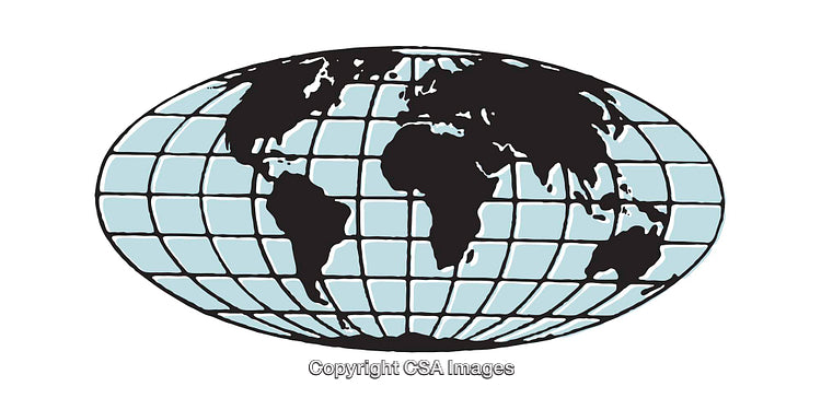 Illustration of World Map with Grid Overlay and Geographic Details