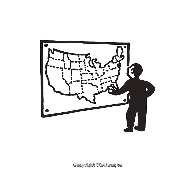 Man Reviewing Map of United States with Highlighted Regions Illustrated