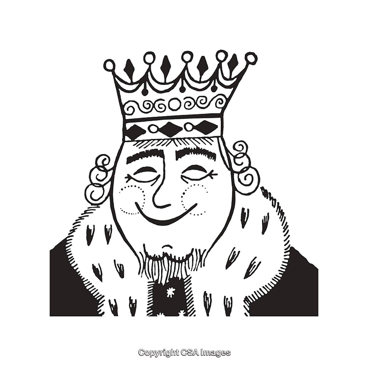 Black and White King Illustration with Crown and Regal Expression